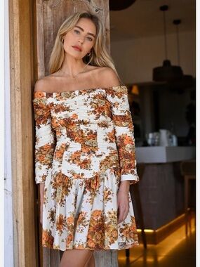 Alemais Off-Shoulder Floral Mini Dress in White and Burnt Orange